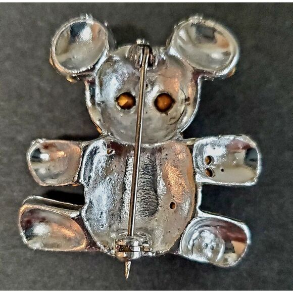 VTG Brooch Teddy Bear Rhinestone Silver Tone Bling Crystal Pin Sparkle Shine Pin - Picture 7 of 11